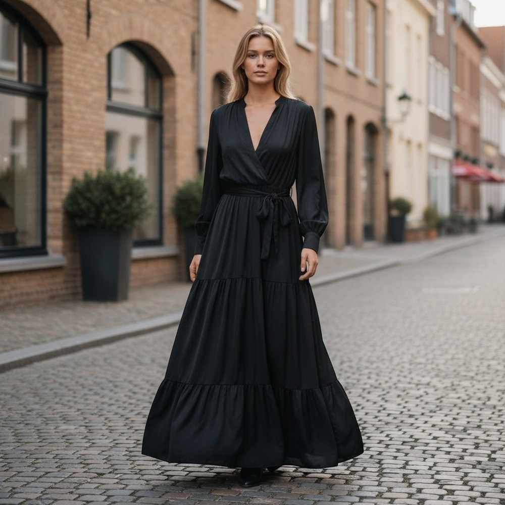 Banana Republic black long-sleeve tiered maxi dress L fairycore whimsigoth Goth